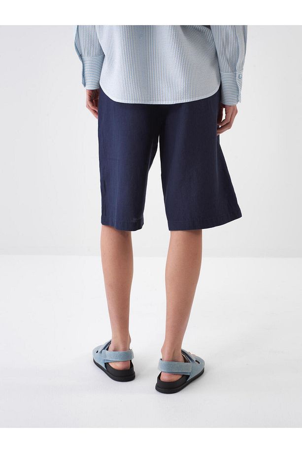 Kadın Lacivert Oversize Keten Basic Şort - 4