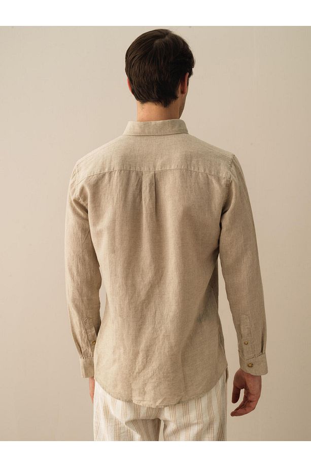 Erkek Taş Rengi Regular Fit Keten Basic Gömlek - 3