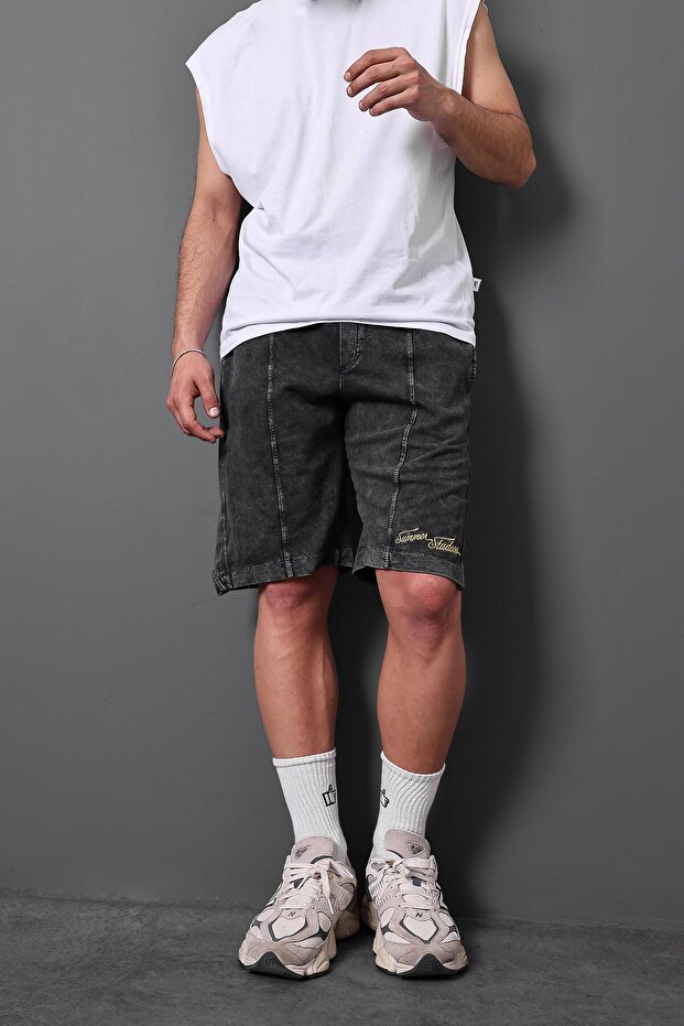Erkek Antrasit Summer Studios Nakışlı Yıkamalı Regular Kalıp Şort - 1