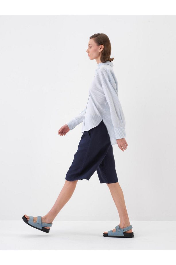 Kadın Lacivert Oversize Keten Basic Şort - 3