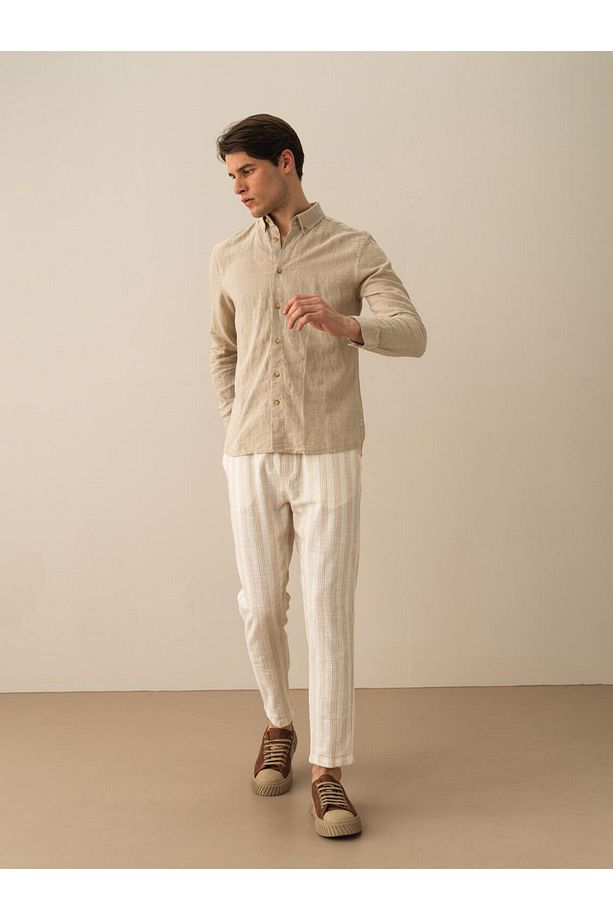 Erkek Taş Rengi Regular Fit Keten Basic Gömlek - 2