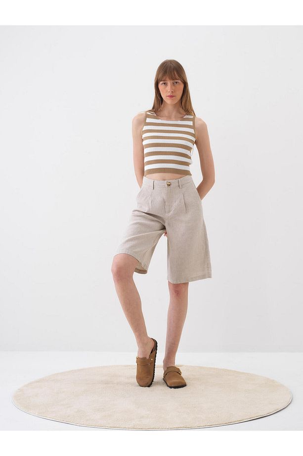 Kadın Naturel Oversize Keten Basic Şort - 2