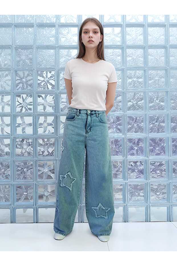 Young&Girls Wide Leg High Waist Denim Pants Star Pattern 100% Cotton Palazzo