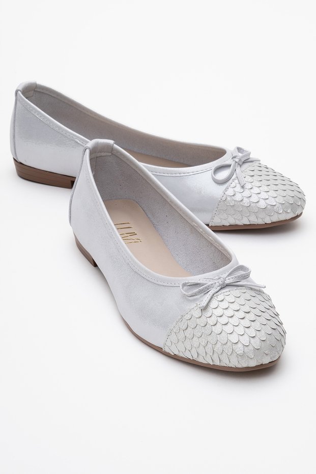02 White Lurex Genuine Leather Women's Ballerina Shoes