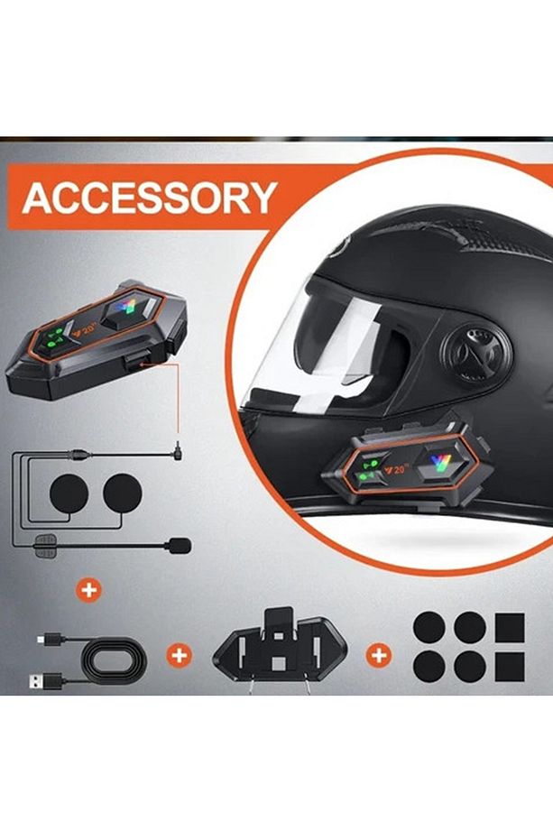 V20 2x 1000M Telsiz Mesafeli 2 Kişi Bağlantılı Bluetooth Kask Kulaklık Fenerli İntercom - 6