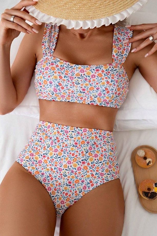 Minimalist Çiçek Desenli Kaplı Yüksek Bel Bikini Takımı - 1