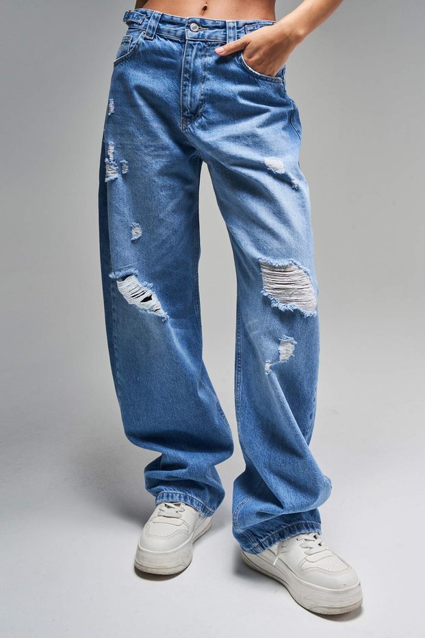 Women's Blue Denim Color Lotus 10S5-4 Baggy Fit 100% Cotton Belt Detailed Denim Jean