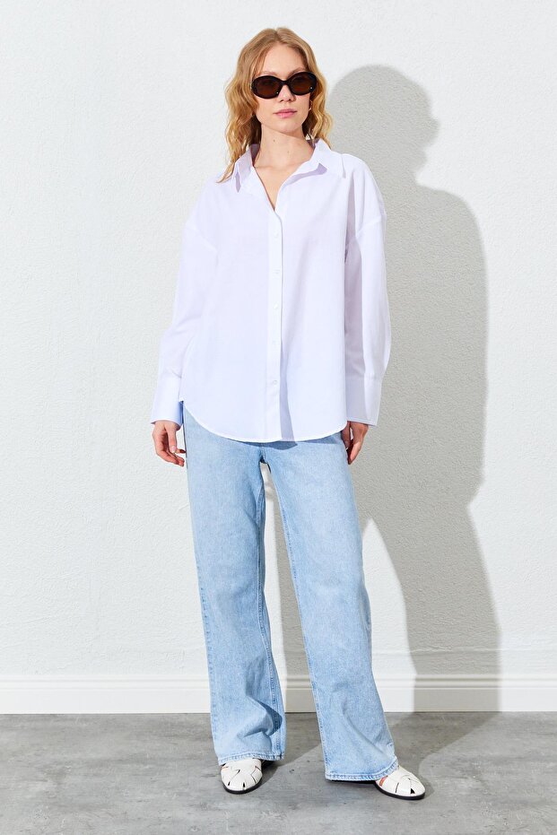 Kadın Beyaz Kalın Manşetli Basic Gömlek - 5