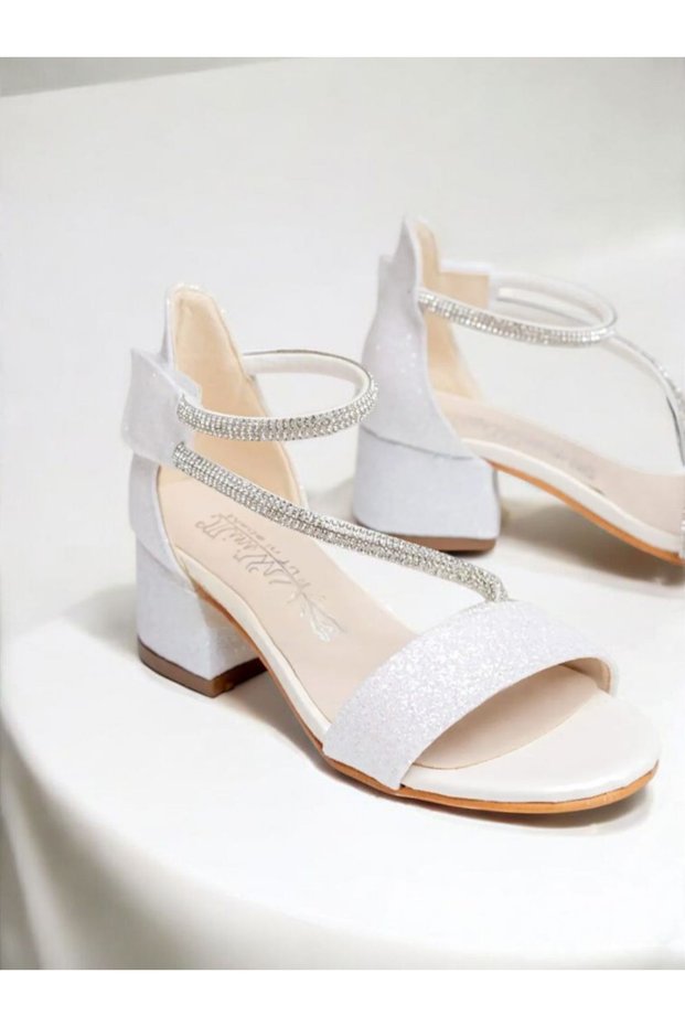 Girl's White Color Velcro Stone Comfortable Heeled Evening Dress Shoes