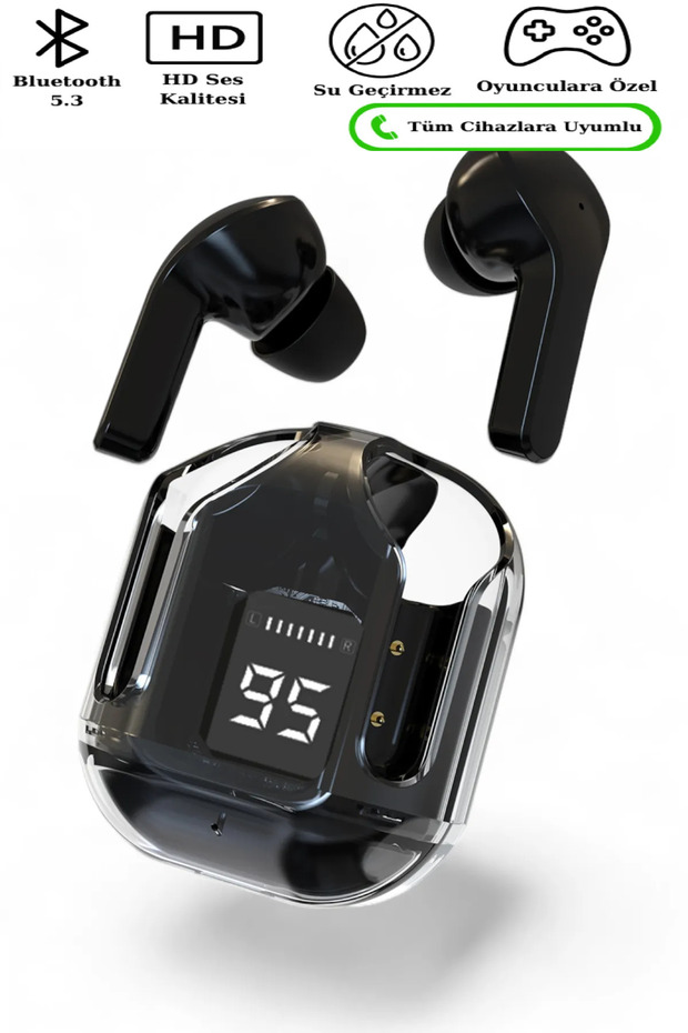 Bluetooth Kulaklık Kadın Erkek ios Android Uyumlu Dokunmatik Stereo Şeffaf LED Ekran Extra Bass TWS - 1