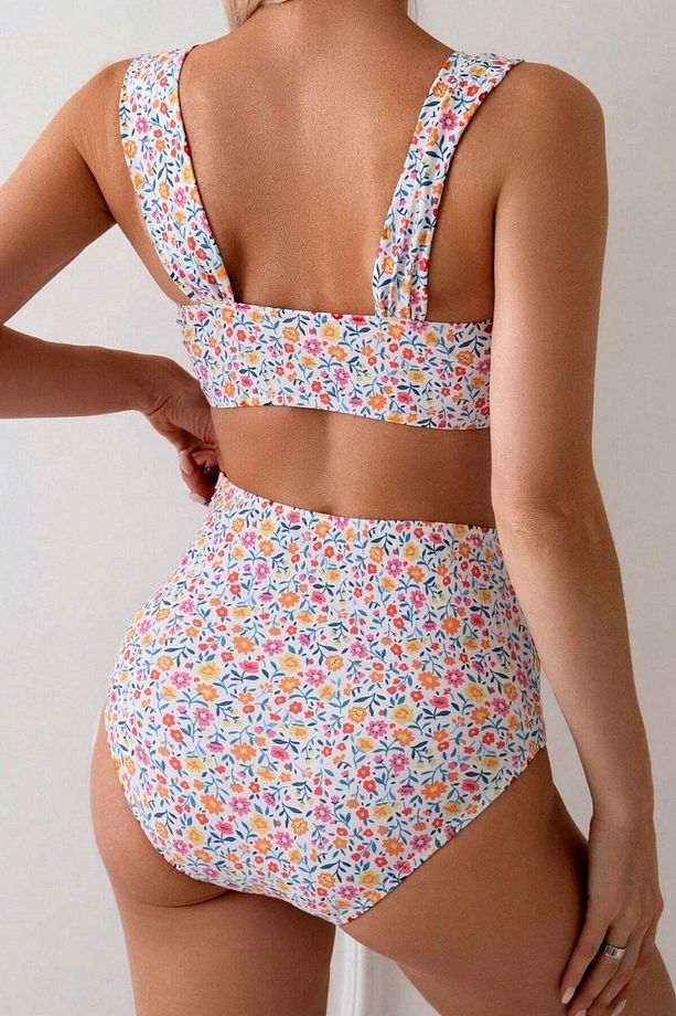Minimalist Çiçek Desenli Kaplı Yüksek Bel Bikini Takımı - 3