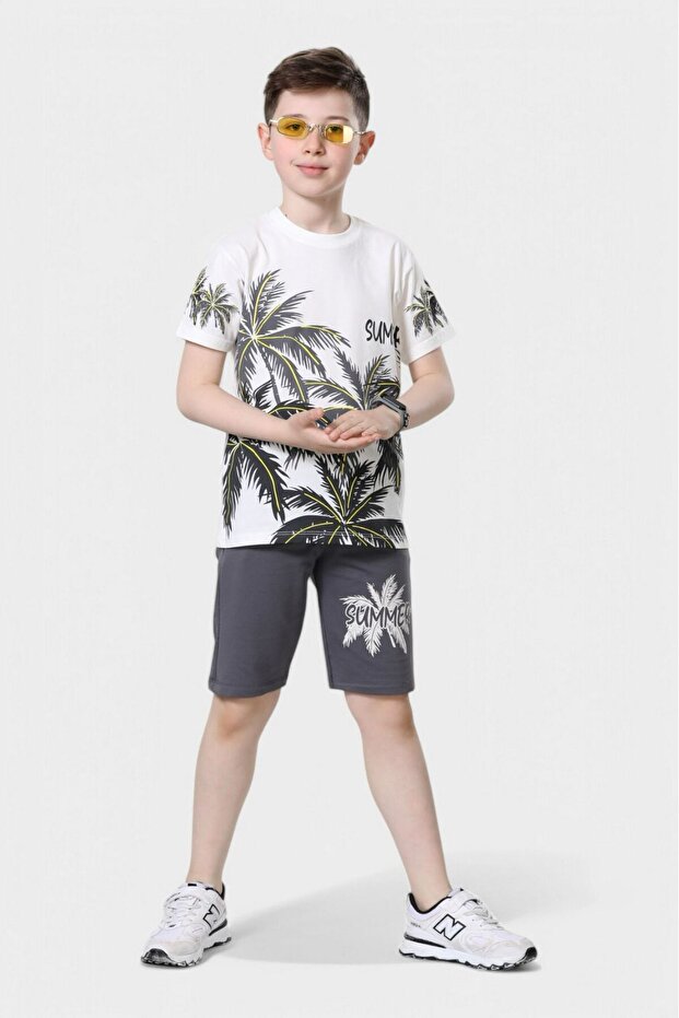 Summer Children's Sümmer&Tropical Printed Short Sleeve Crew Neck T-Shirt Shorts Bottom Top Set