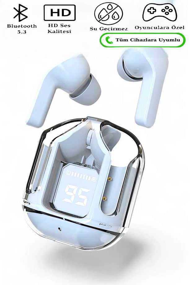 Bluetooth Kulaklık Kadın Erkek ios Android Uyumlu Dokunmatik Stereo Şeffaf LED Ekran Extra Bass TWS - 1