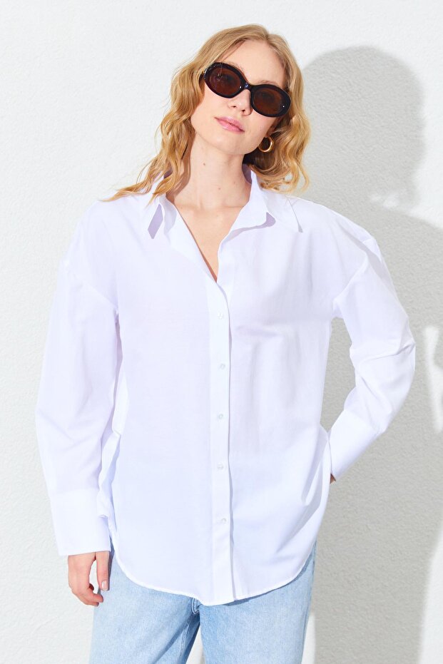 Kadın Beyaz Kalın Manşetli Basic Gömlek - 2