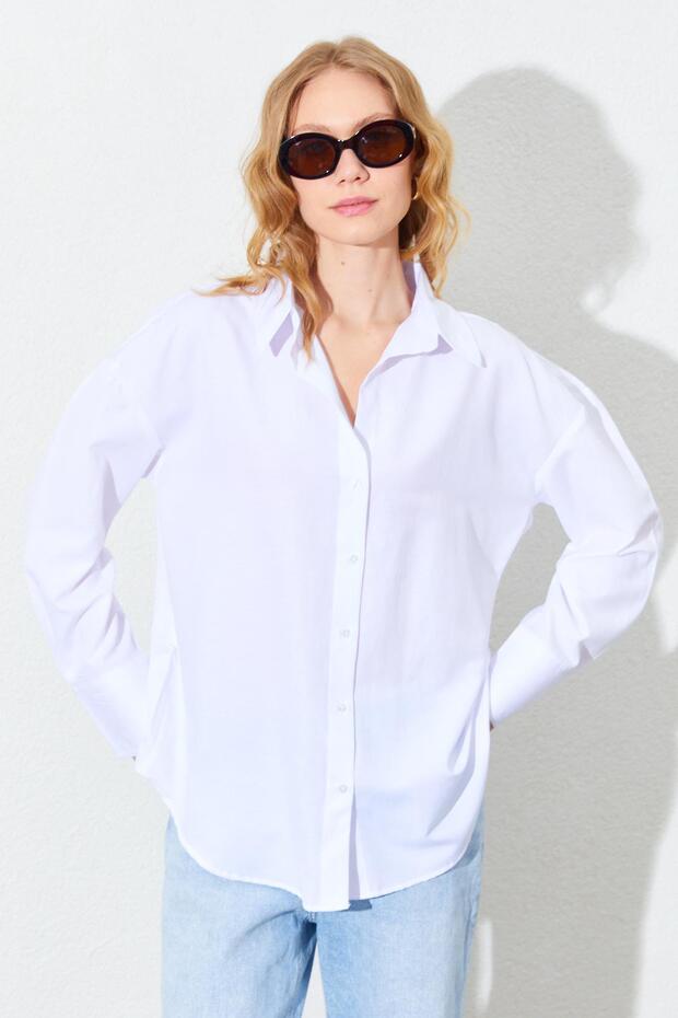 Kadın Beyaz Kalın Manşetli Basic Gömlek - 3