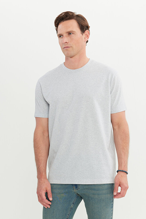 Men's Gray Melange Cotton Modern Fit Relaxed Cut Crew Neck T-Shirt