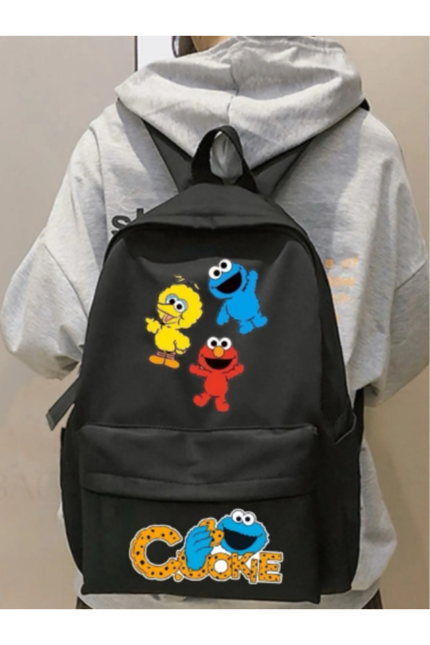 DREICH Cookie Monster مطبوع مزدوج للمدرسة، وغرفة الدراسة، وحقيبة ظهر للجيب الأمامي