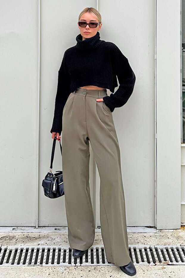 Khaki Hera Elastic Waist Pocket Palazzo Women's Trousers