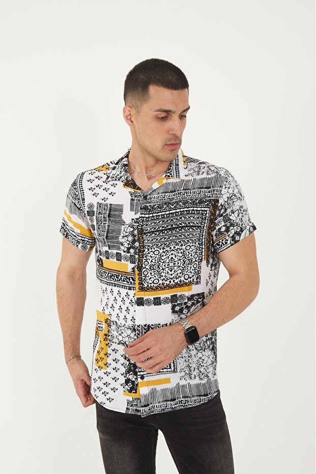 Men's Short Sleeve Relax Fit Comfortable Cut Lapel Collar Digital Printed Patterned Viscose Yellow Shirt