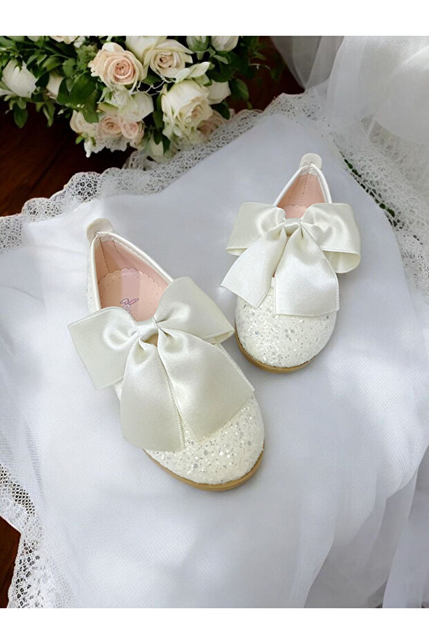 Girl's Silvery Cream Color Bow Tie Orthopedic Stylish Ballet Flat