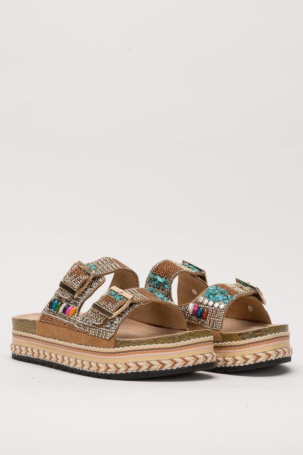 Taba Boncuklu Çift Toka Kalın Taban Terlik - 3