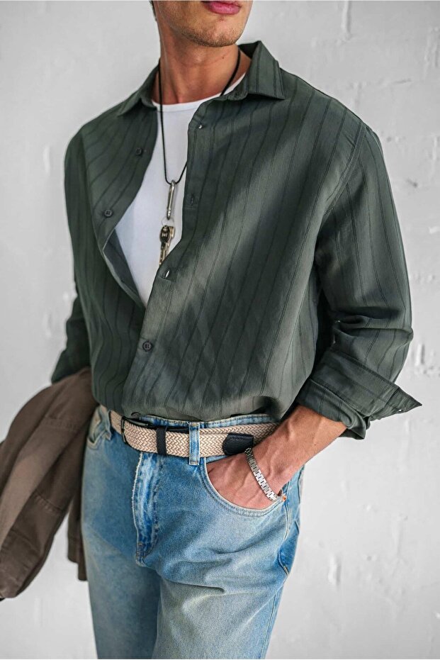 Men's Premium Striped Cotton Oversize Shirt Khaki Green