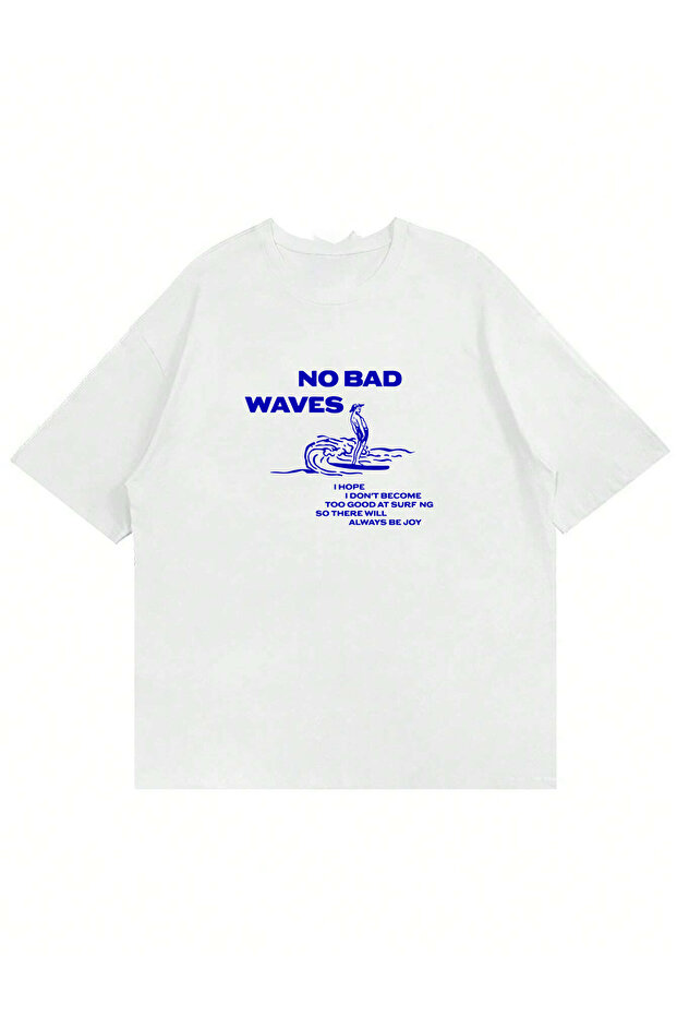 تيشيرت كبير الحجم برقبة دائرية مطبوع عليه No Bad Waves للجنسين