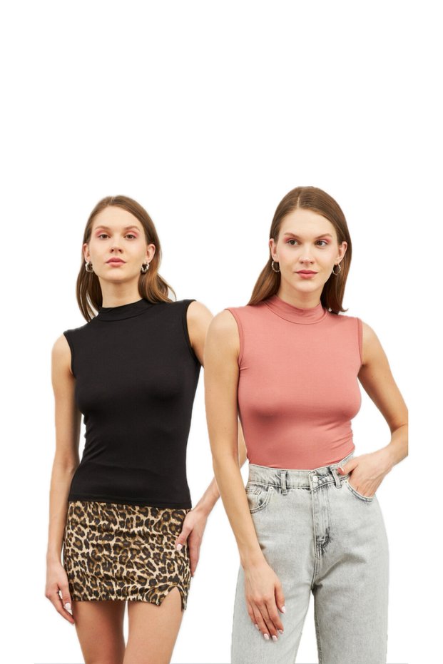 Women's Black Salmon 2-Piece Zero Sleeve Half Fisherman Blouse