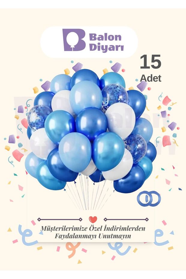 BALON DİYARI 15 Adet Lacivert Açık Mavi Beyaz Konfetili Şeffaf Balon , Metalik Pastel Karışık Kaliteli Balon Seti