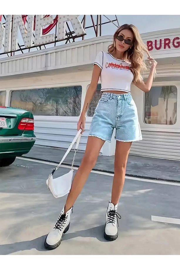 Kadın Buz Mavi Yüksek Bel Kot Şort - 8