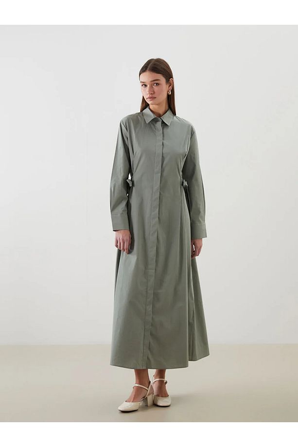 LCW Modest Yeşil Beli Bağlamalı Poplin Gömlek Elbise - 1