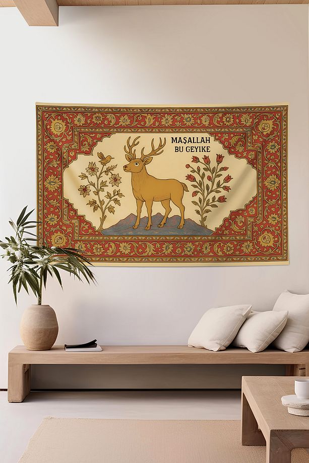 Vintage Maşallah Bu Geyike Temalı Kumaş Duvar Örtüsü Duvar Halısı Tapestry - 1