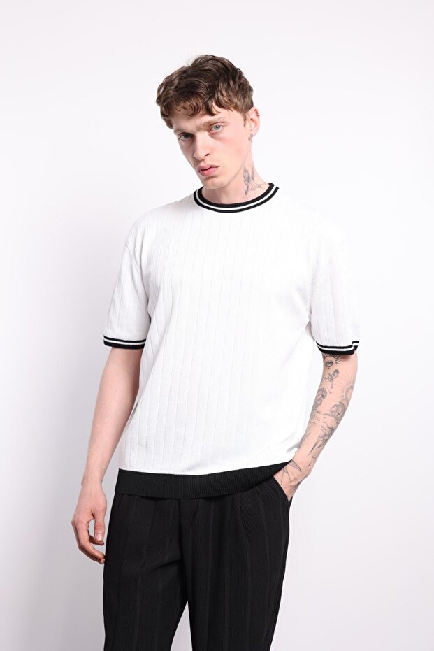 Yaka Kol Detay Oversize Triko Tshirt - 1