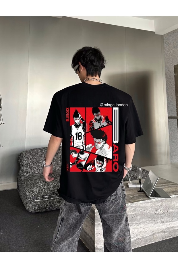 Black Blue Lock Shoei Baro Player Back Printed Oversize T-Shirt -Minga London