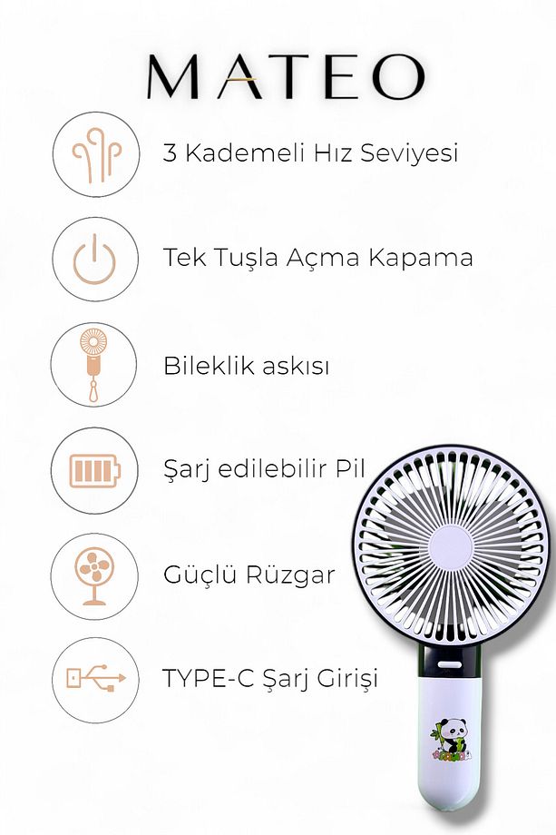 MATEO Panda Mini Fan Şarjlı Taşınabilir El Vantilatörü Sessiz 3 Kademe Type-C Renkli Panda Desenli - 4