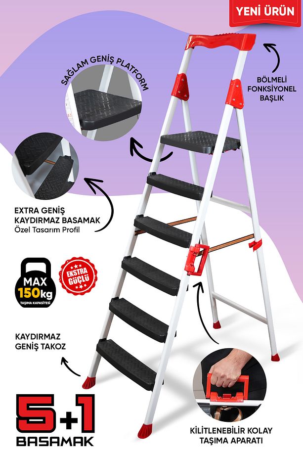 Elegance 5+1 Geniş Basamaklı Kolay Taşıma Aparatlı Merdiven - 1