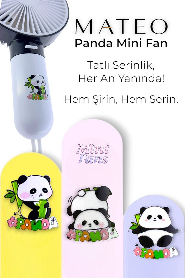 MATEO Panda Mini Fan Şarjlı Taşınabilir El Vantilatörü Sessiz 3 Kademe Type-C Renkli Panda Desenli - 3