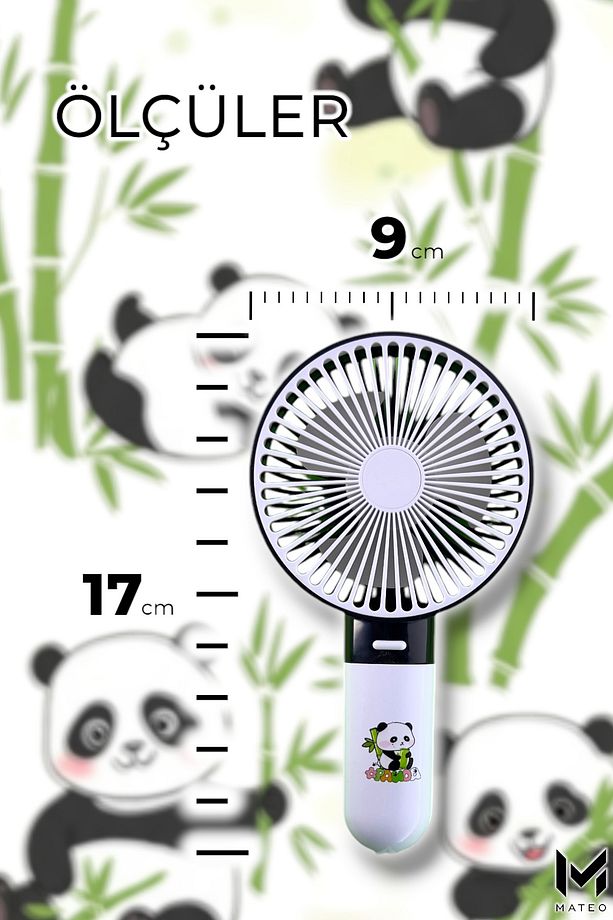 MATEO Panda Mini Fan Şarjlı Taşınabilir El Vantilatörü Sessiz 3 Kademe Type-C Renkli Panda Desenli - 5