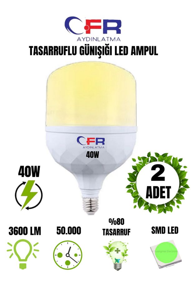 LED AYDINLATMA 40W Torch Led Ampul Günışığı Işık E27 Duy 3200K 3600 Lümen 2-ADET - 1