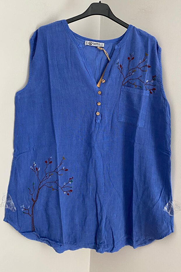 Women's Blue Tree Embroidered Button Detailed Tank Top