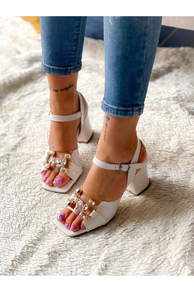 Arya White Patent Leather Stone 7 cm Heel Sandals