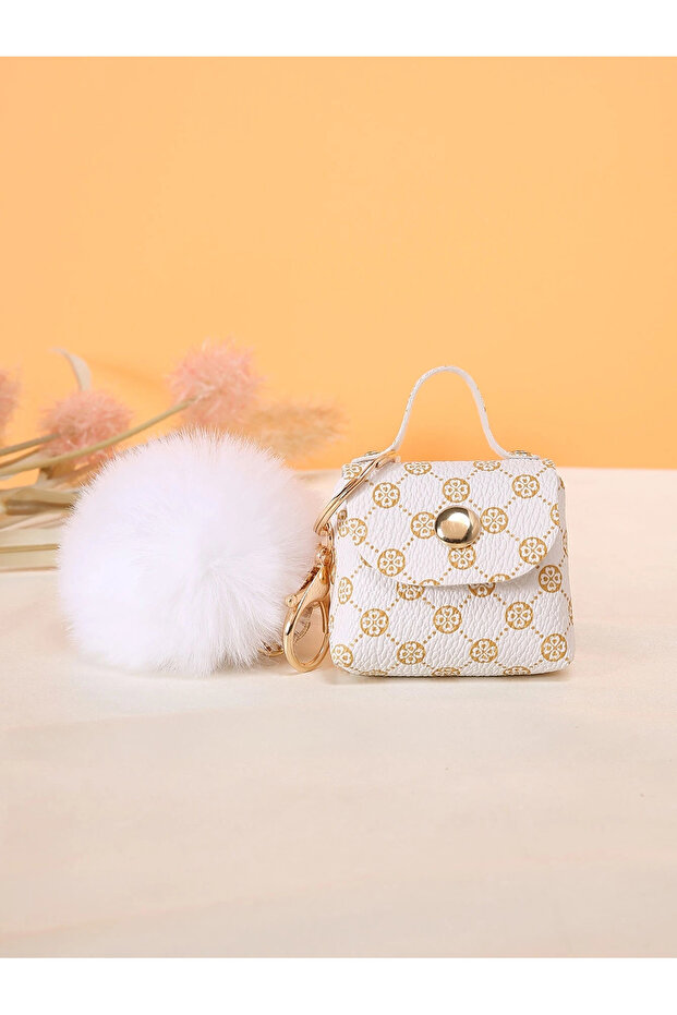 Vintage Patterned Mini Bag Figured Bag Charm, Keychain, Bag Accessory with Pompom Detail - 3