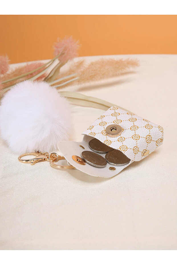 Vintage Patterned Mini Bag Figured Bag Charm, Keychain, Bag Accessory with Pompom Detail - 5