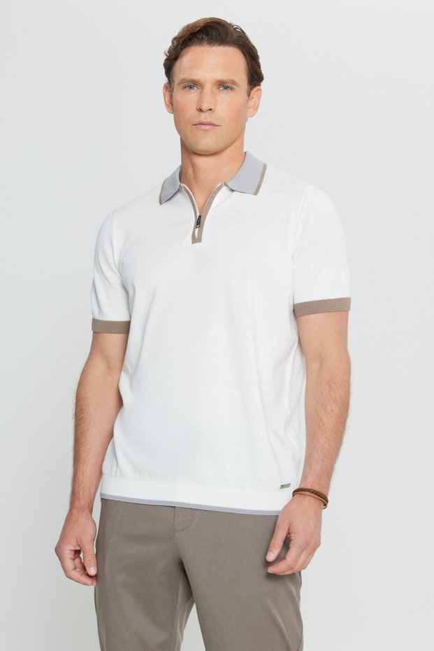 Men's Ecru 100% Cotton Standard Fit Regular Cut Polo Neck Knitwear T-Shirt