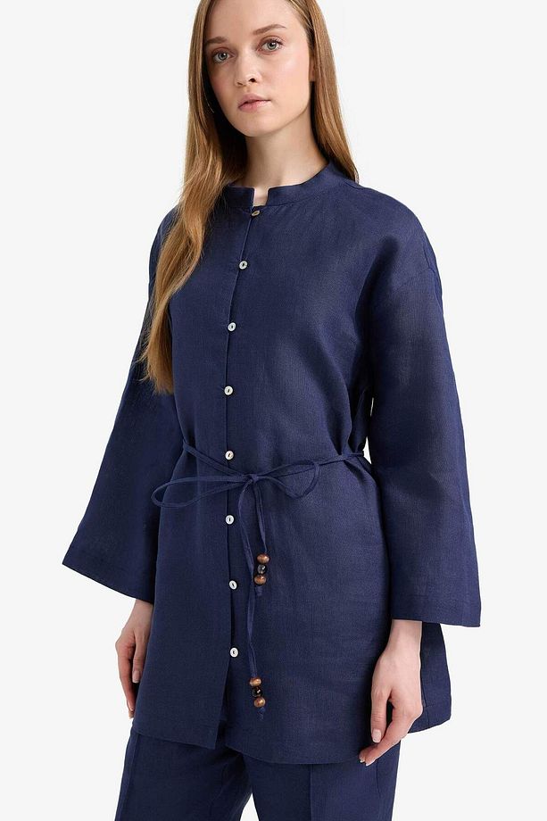%100 Keten Regular Fit Bağcıklı Uzun Kollu Tesettür Gömlek Tunik D4394ax25sm - 3