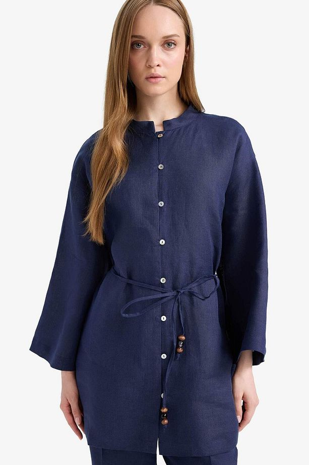 %100 Keten Regular Fit Bağcıklı Uzun Kollu Tesettür Gömlek Tunik D4394ax25sm - 4
