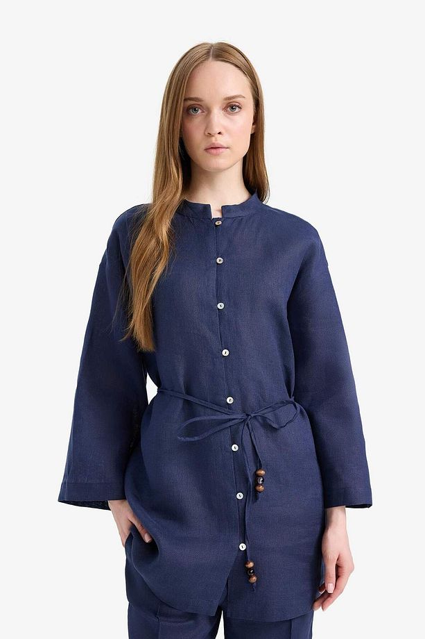 %100 Keten Regular Fit Bağcıklı Uzun Kollu Tesettür Gömlek Tunik D4394ax25sm - 5