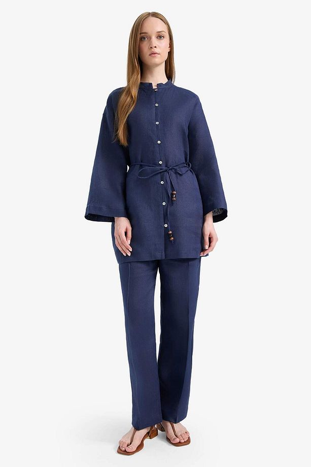 %100 Keten Regular Fit Bağcıklı Uzun Kollu Tesettür Gömlek Tunik D4394ax25sm - 2