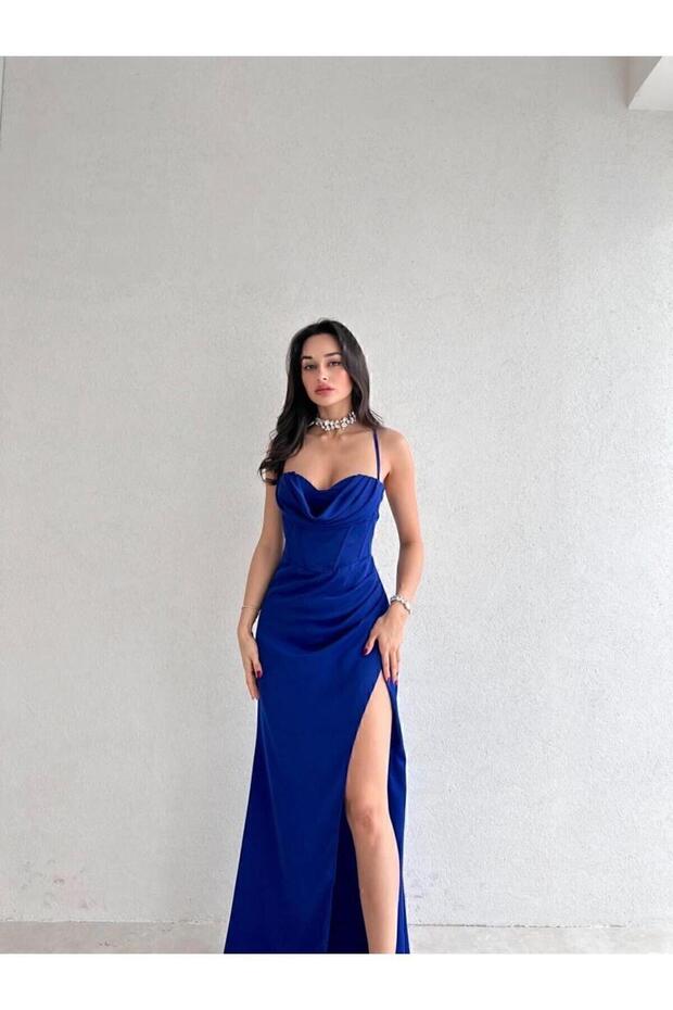 Corset-Shaped Back Low-Cut Deep Slit Thin Strap Midi Blue Dress