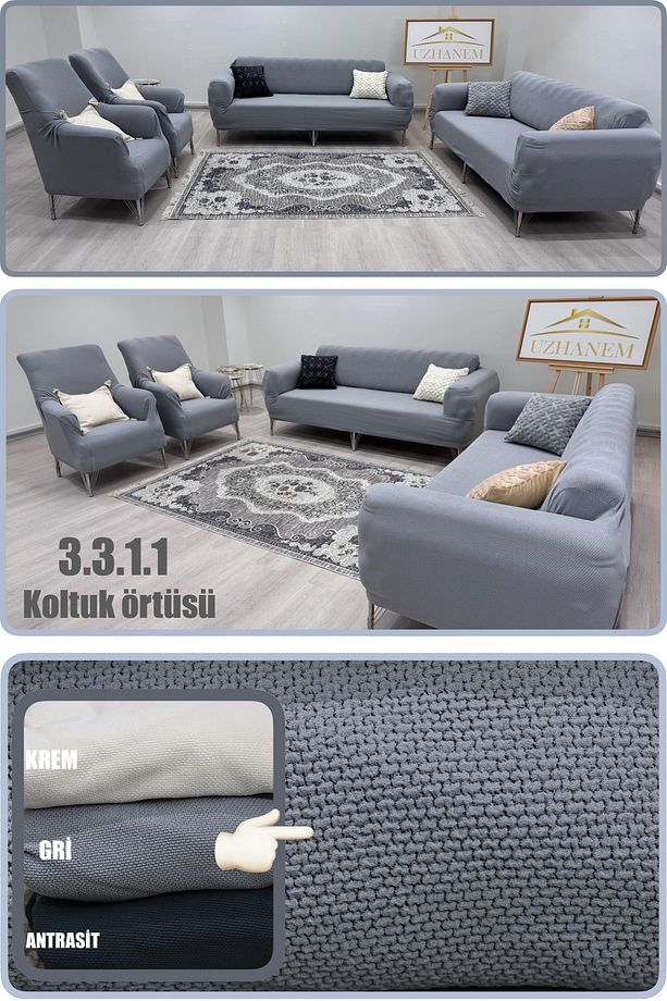 3 3 1 1 Streç Lastikli Esnek Yıkanabilir Pamuklu, Jakarlı Koltuk Örtüsü Takımı Koltuk Kılıfı - 1